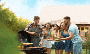 churrasco, calculadora, amigos